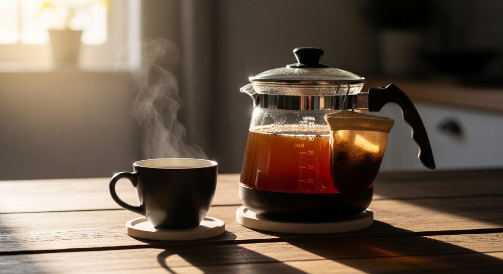 Uma xícara de café preta soltando vapor ao lado de uma jarra de vidro com café recém-coado. Um pequeno coador de pano está pendurado na lateral da jarra. A cena é iluminada por uma luz solar suave em uma mesa de madeira.