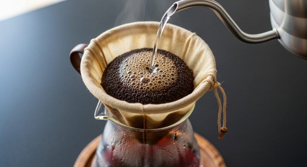 Close-up em ângulo zenital de água quente sendo despejada de uma chaleira de bico de ganso sobre pó de café em um filtro de pano tradicional. É possível ver a formação de bolhas de gás carbônico (bloom) e o vapor subindo do café