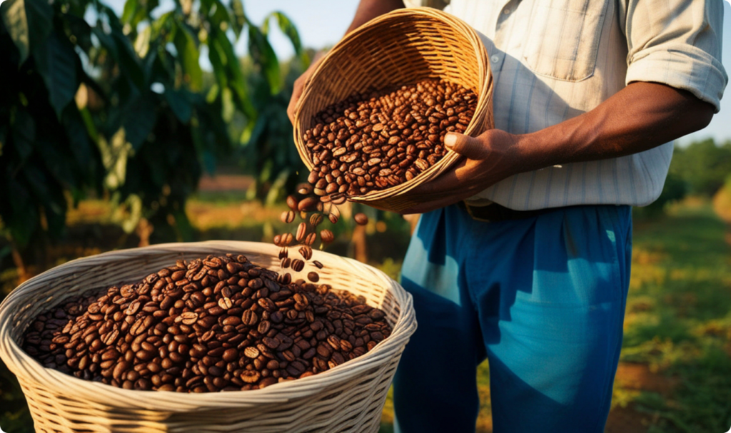 Um trabalhador rural, vestindo camisa clara e calça azul, despeja grãos de café torrados de um cesto de vime menor para um cesto maior, que já está parcialmente cheio. A cena ocorre ao ar livre durante o dia, com cafeeiros verdes ao fundo sob a luz do sol, representando a colheita e a tradição da Indústria Moraes.